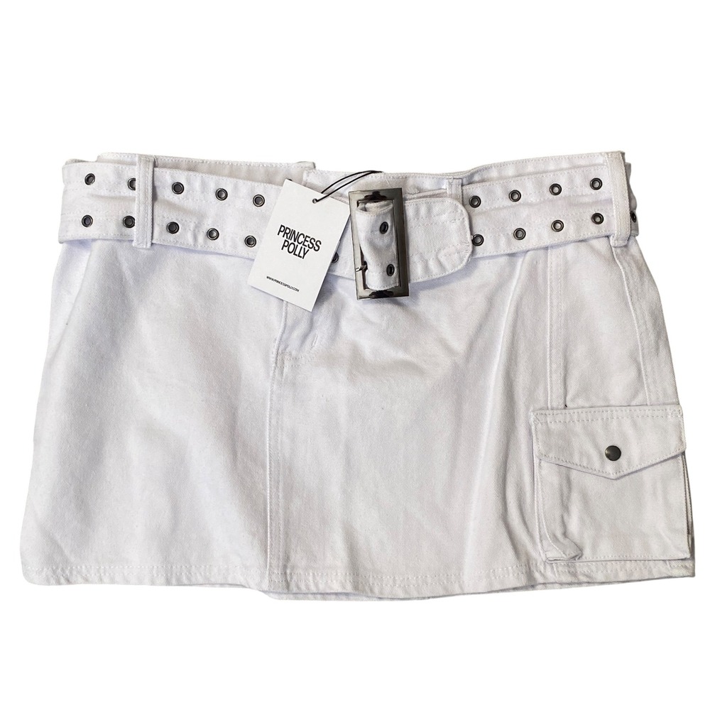 Princess Polly Iconic Mini Skirt White Denim Grommet Belted Womens Size 12 NWT